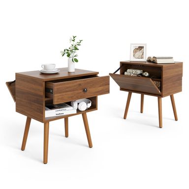 Hidden Compartment Night Stand Set 2, Mid Century Modern Concealment Furniture, End Table with Storage Drawer, Bedside Table with Wood Legs for Bedroom (2,Walnut) 2 Walnut