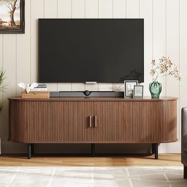 Amazon.com: ONBRILL 63" TV Stand with Power Outlet for TVs up to 70 Inch, Entertainment Center with Storage and Adjustable Shelves, Modern Media Console with Sliding Doors for Living Room, Walnut : Home & Kitchen