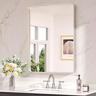 Amazon.com: Keonjinn Brushed Nickel Mirror 24 x 32 Inch Silver Bathroom Mirror for Over Sink, Rounded Rectangle Farmhouse Vanity Mirror, HD Tempered Glass Wall Mirror, Aluminum Alloy Frame (Horizontal/Vertical) : Home & Kitchen