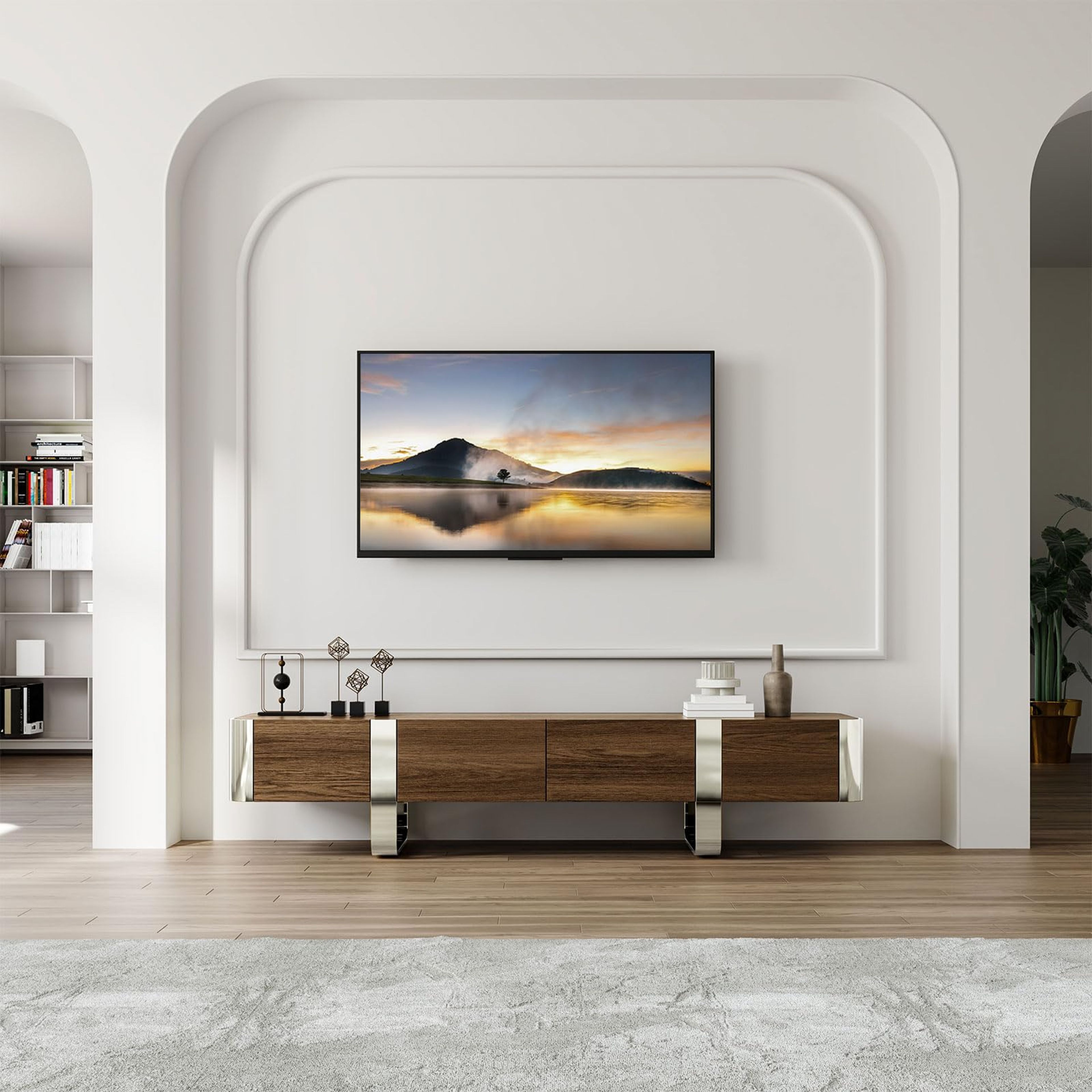 Modern 79" Walnut TV Stand with Silver Legs & Storage