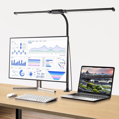 Desk Lamp with Clamp, Eye-Caring Desk Light with 50 Lighting Modes, Wide Double Head, Adjustable Architect Light Flexible Gooseneck, Table lamp for Home Office,Monitor, Computer(Includes Adapter)