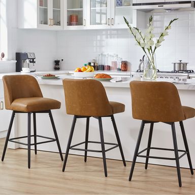 360°Swivel Counter Height Bar Stools Set of 3,Upholstered Morden Kitchen Barstools with High Backs,26" H Seat Height,Faux Leather (Faux Leather-Saddle Brown , 3 Pieces - 26" Counter Height) Faux Leather-saddle Brown 3 Pieces - 26" Counter Height