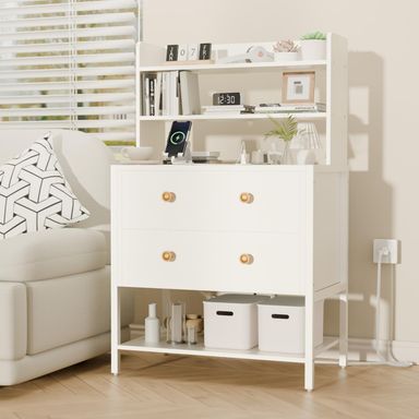 24 Inch Wide Night Stand, Large Wooden Night Stand with 2 Adjustable Drawes, Tall Nightstand with 4-Tier Shelves and Charging Station, Bedside Table for Living Room/Bedroom/Office, White.