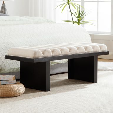 Modern Bedroom End of Bed Bench, 47 Inches Linen Fabric Wooden Entryway Bench with Cylindrical Cushion/Solid Wood Leg for Living Room/Mudroom/Hallway, Black Legs