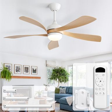 52 inch Ceiling Fans with Lights, Modern, Low Profile, Remote Control, 3 Downrods, 5 Blades, 3-Color LED Light, Quiet Reversible DC Motor for Living Room, Bedroom,Patios 1-Wooden Color Blades& White Body 52 Inch