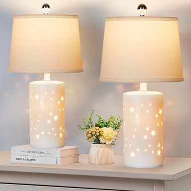 20.5" Modern White Ceramic Table Lamp Set of 2 for Bedroom Living Room Desk Lamp Small Bedside Lamps with Nightlight for Study Room Office Dorm Nightstand Lamp Side Table Lamp-LED Bulbs Include Ceramic-Night Light
