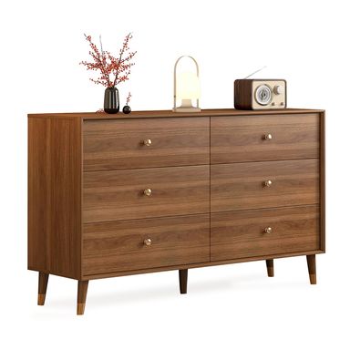Dresser for Bedroom, Mid Century Modern 6-Drawer Solid Wood Chest, 47 Inch Walnut Finish, Heavy-Duty Drawer Glides, Storage Cabinet for Living Room, TV Stand (Brown, 47.2) Brown 15.8"D x 47.2"W x 31.5"H (6 Drawers)