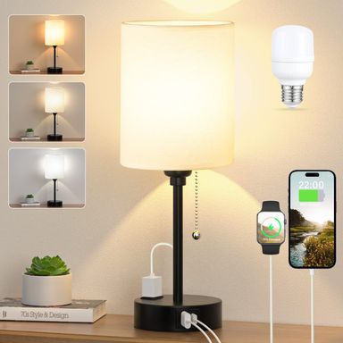 Small Bedside Table lamp for Bedroom - 3 Color Temperatures Bedside Lamps with USB C and A Ports, Pull Chain Table Lamps with AC Outlet, White Nightstand Lamps with Black Metal Base for Kids Reading 14.6in White
