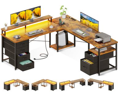 AODK 66" L Shaped Computer Desk, 113“ Reversible Home Office Desk with File Cabinet & 4 Fabric Drawers, Two Person Desk with LED Lights & Power Outlet, Corner Gaming Desk with Monitor Shelf, Vintage Vintage 66 Inch