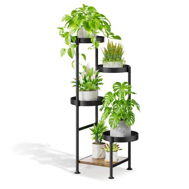 Plant Stand Indoor Outdoor, 5 Tier Metal Flower Pot Shelf Holder Clearance, Tall Corner Rack for Multiple Plants, Modern Organizer Display for Patio Orchid Office Porch Living Room Garden, Black 5 tier-Solid Black