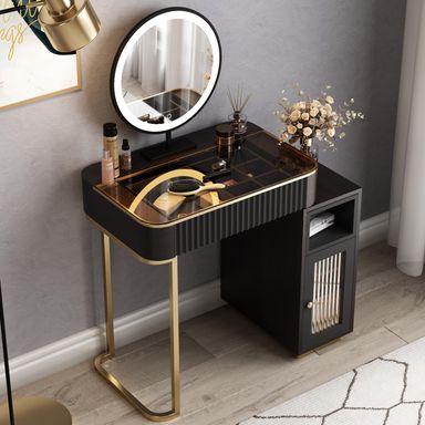 Lartis Makeup Vanity, Makeup Vanity with LED Makeup Mirror, Three Adjustable Light Levels, Tempered Teal Glass countertop Black Brown Without Makeup Stool