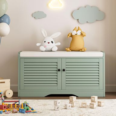 Shoe Storage Bench with Padded Seat Cushion, Classic Louvre Doors Shoe Bench for Entryway, Living Room, Bedroom, 13.7" Dx36.6 Wx18.3 H,Mint Green