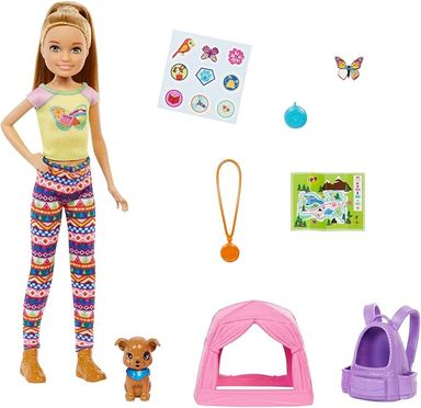 Amazon.com: Barbie It Takes Two Stacie Doll & Accessories, Camping Playset with Doll, Pet Tent, Puppy, Sticker Sheet & Accessories : Toys & Games