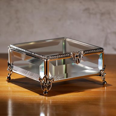 Glass Vintage Jewelry Box Keepsake storage Trinket Ring Display Box Home Decor Beveled Clear Glass Box Organizer(5.2x5.2x2.7Inches) Vintage Silver