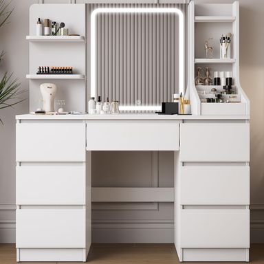 TRIUMPHKEY Coiffeuse avec Miroir LED, Luminosité Réglable,Table de Maquillage avec 4 Étagères et 7 Tiroirs, 110x40x139 cm Coiffeuse Moderne avec Grand Espace de Rangement (Blanc)