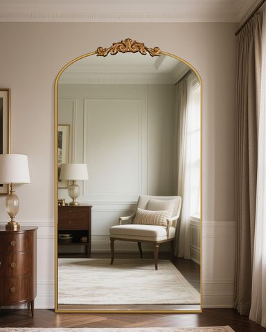 Full Length Mirror, 81"x41" Floor Mirror with Carved Metal Frame & Bottom Art Carved, Full Body Mirror for HomeDecor, Standing/Halling Large Wall Mirror for Bedroom, Gold 81"L x 41"W Retro Style Gold