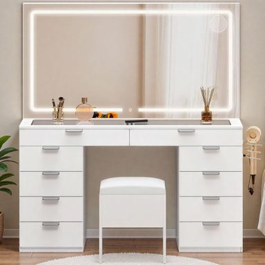 DWVO Tocador de maquillaje con espejo LED y puertos de carga, juego de tocador de 10 cajones con parte superior de vidrio, soporte para secadora de pelo, 3 colores de luz ajustables y taburete de Crema Blanco Tira LED