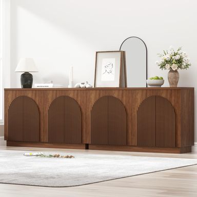 Yechen Walnut Fluted Sideboard Buffet Cabinet with Arched Reeded Design Doors, Mid Century Modern Credenza Storage Cabinet with 2 Adjustable Shelves Inside, for Living Room Kitchen Dinning(2PCS) Walnut 2 Pieces