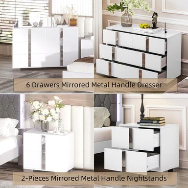 Merax 4-Pieces Bedroom Set, Queen Size Bed Frame Platform with LED Lights Upholstered Headboard & 6 Drawers Dresser Cabinet & 2 Nightstands, Mirrored Metal Handle, No Box Spring Needed, White Queen White