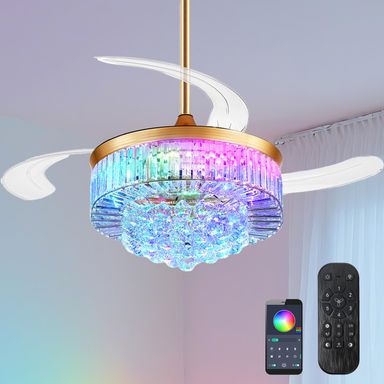 42 Inch Fandelier Ceiling Fans with Light - Retractable Crystal Ceiling Fan and Remote/APP Control, Noiseless DC Motor, RGB Dimmable Lights, Chandelier Ceiling Fan for Bedroom/Living Room Etc