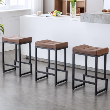 Bar Stools Set of 3, 24" Counter Height Bar Stools, Faux Leather Barstools for Kitchen Island, Backless Saddle Stools with Metal Legs (Dark Brown, 3PCS 24" Counter Stools) 3PCS 24" Counter Stools Dark Brown