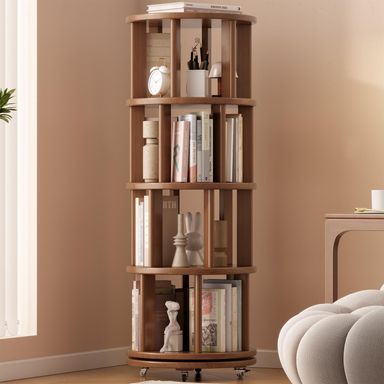 Solid Wood Rotating Bookshelf on Wheels, 4 Tier, Round Revolving Bookcase, 360° Spinning Book Shelf Tower for Kids, Narrow Rolling Bookshelves for Small Space, Corner, Bedroom, Office, Walnut 4 Tier Walnut