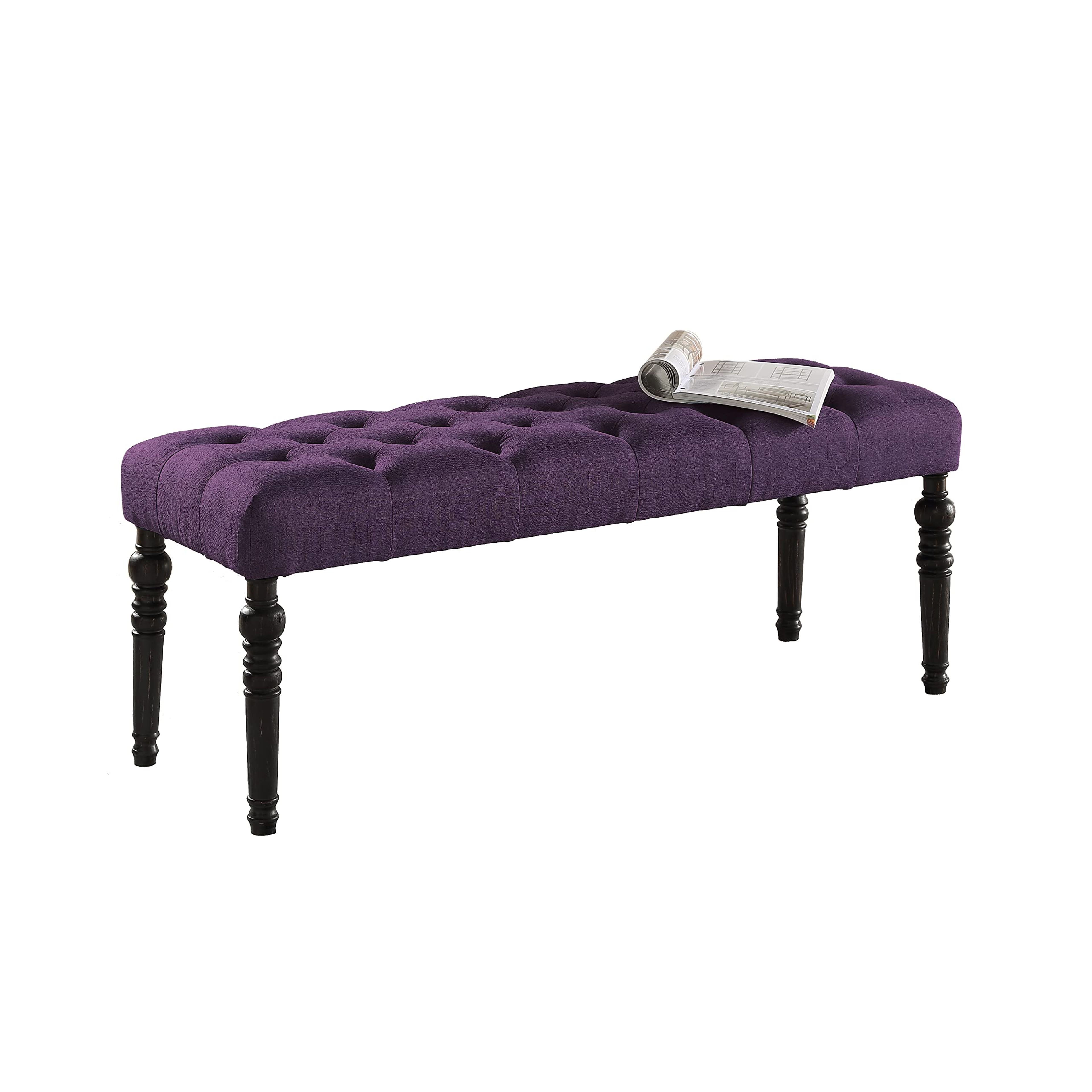 Purple Tufted Fabric Dining Bench with Turned Legs - Roundhill Leviton