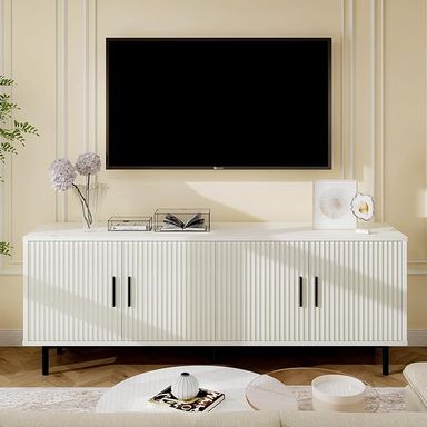Amazon.com: MUUEGM 70" Fluted TV Stand for TVs up to 80 Inches, Entertainment Center with Storage， Adjustable Shelf, Modern TV Console for Living Room and Bedroom, 70" W x 15.75" D x 25" H, White : Home & Kitchen