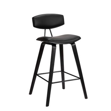Armen Living Fox 28.5" Bar Height Black Faux Leather and Black Wood Mid-Century Modern Bar Stool