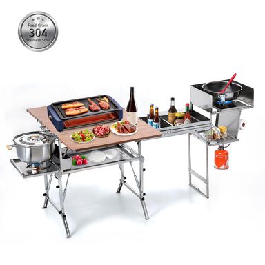 Outdoor Mobile Kitchen Portable Grill Cart, All-in-One Stainless Steel Foldable Camping Table, with Cleaning, Chopping, Cooking and Food Preparation Functions, for Camping, Rving, Family Gatherings