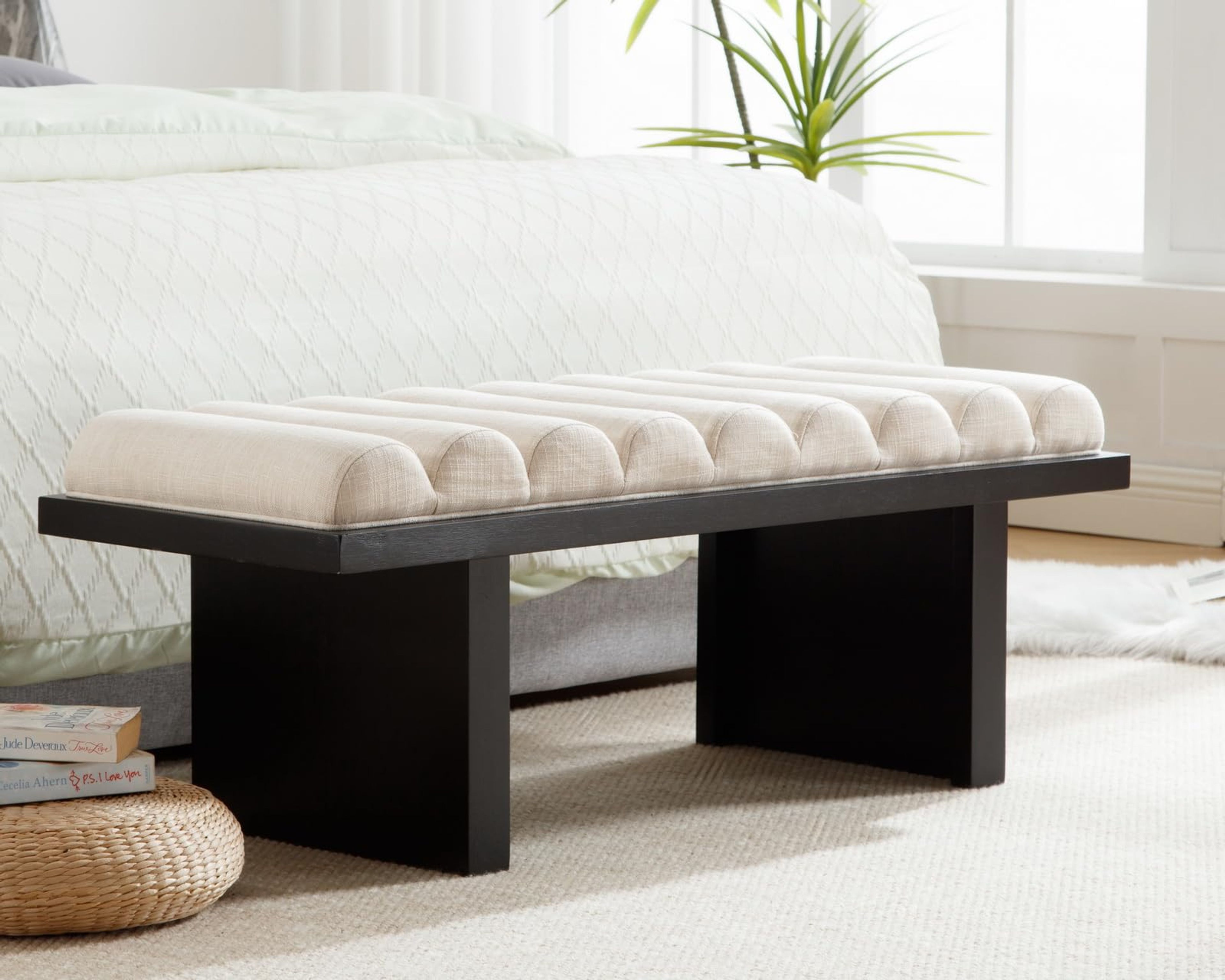 CIMOTA 47" Modern Upholstered Bedroom Bench Linen Beige Black Legs