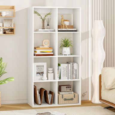 SILKYDRY 8 Cube Storage Organizer, 4 Tier Floor Standing Bookshelf, 54 inch Tall Bookcase, Wooden Open Display Shelf for Living Room, Bedroom, Study, White Bookshelf with Open Back 1 8 Cubes