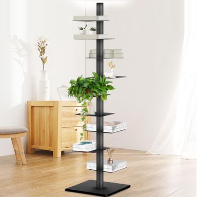 9 Tier Metal Vertical Bookshelf Tower, Freestanding Invisible Spine Bookshelf, Tall Ladder Bookcase Floating Shelf for Small Spaces, Modern Storage Corner Shelf for Living Room, Office, Bedroom Decor