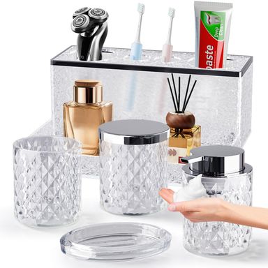 Glass Bathroom Accessories Set 5PCS, Clear Foaming Soap Dispenser, Soap Dish, Cup, Crystal Qtip Jar, Acrylic Toothbrush Holder with Tray Organizer, Bathroom Counter Set Sink Decor Vintage Gift