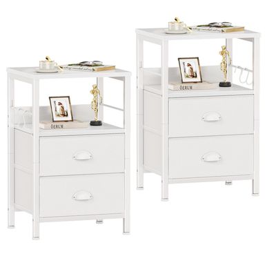 Furologee Nightstands Set of 2, End Table with 2 Fabric Drawers, Night Stand with 2 Hooks, Open Wood Shelf Bedside Table for Bedroom/Living Room/White White 2 pc
