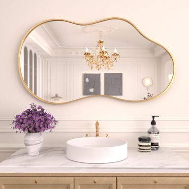 WEER Irregular Wall Mirror, 20x36 inch Gold Asymmetrical Mirror Wall Mounted Mirrors Decorative, Abstract Wavy Aluminum Alloy Frame Mirror for Bathroom, Bedroom, Living Room, Entryway Gold 36"L x 20"W