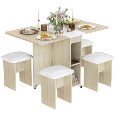 Lamerge Folding Dining Table Set for 4, Dinner Table with 4 Leather Chairs and Shelves, Space Saving Foldable Dining Table with 6 Wheel, Kitchen Table Set for Small Spaces (Beige)