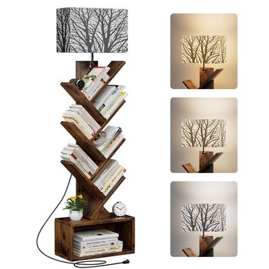 Tree Bookshelf with Light, 6 Tier Small Bookcase, Narrow Floor Standing Book Tower Organizer with Storage Cabinet for Living Room, Bedroom and Home Office, Rustic Brown Rustic Brown (Branch Pattern Lamp)