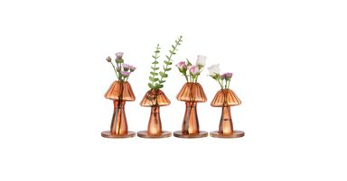 NiHome Mushroom Glass Planter with Wooden Base Set of 4, Cute Indoor Greenery Plant Propagation Stations,High Borosilicate Glass Mushroom Gifts Vases for Flowers,Hydroponics & Home Decor (Brown)
