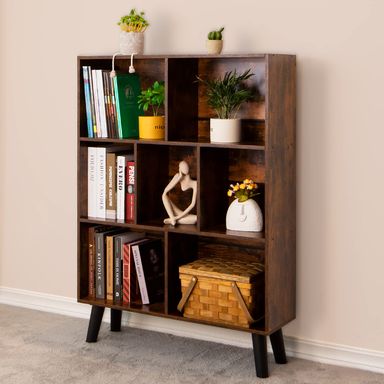 LEYAOYAO Cube Bookshelf 3 Tier Mid-Century Rustic Brown Modern Bookcase with Legs,Retro Wood Bookshelves Storage Organizer Shelf,Freestanding Open Book Shelves for Bedroom,Living Room,Office 7 Cube Retro Brown