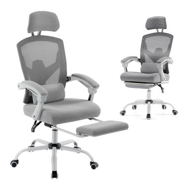 DUMOS Home Office Desk Chair with Footrest, High-Back Mesh Rolling Swivel Reclining Chairs with Wheels, Comfortable Headrest, Lumbar Support, Comfy Arms for Home, Office, Gaming, Student,Elegant Grey