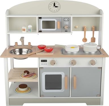 Amazon.com: Hey! Play! Kids Kitchen Playset - Play Kitchen with Toy Microwave, Sink, Stovetop, Roaster, Utensils and Play Food - Wooden Play Kitchen for Toddlers : Toys & Games