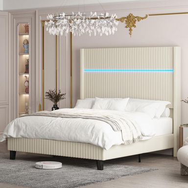 EcoHarbor 57'' Tall Bed Frame King Size with LED Light, High Velvet Upholstered Wingback Headboard with Vertical Channel Tufted Luxury Corduroy/Solid Wood Leg/No Box Spring Needed/Noise Free/Cream Cream King