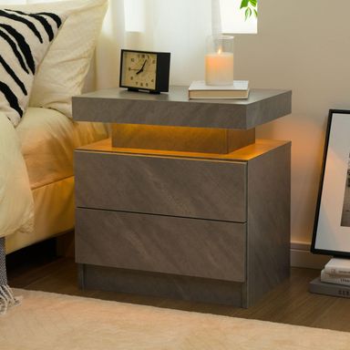 Cubehom LED Nightstand Modern Bedside Table for Bedroom Night Stand with 2 Wood Drawers End Side Table with 16 Colors LED Strip for Bedroom Pure Gray