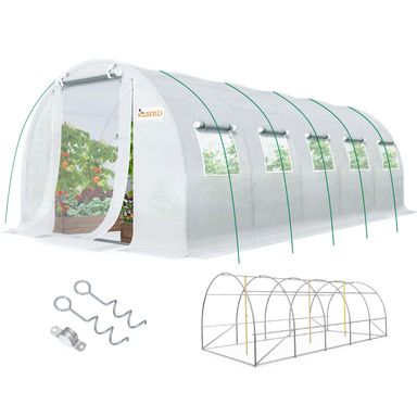 KING BIRD Premium 25x10x6.6FT Greenhouse for Outdoors, Large Walk-in Upgraded Galvanized Metal Frame, Mesh Door Screen Window Improved Zipper Tunnel Hoop for Garden Plant Winter, 2 Stiffeners, White White 25'x10'x6.6'