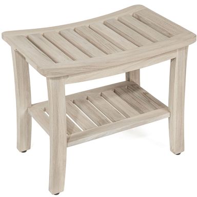 TeakCraft Patented Gray Teak Shower Bench with Shelf 21 Inch for Bathroom, Spa - Fully Assembled, Shower Stool, Rustic Gray Finish, The Lavici