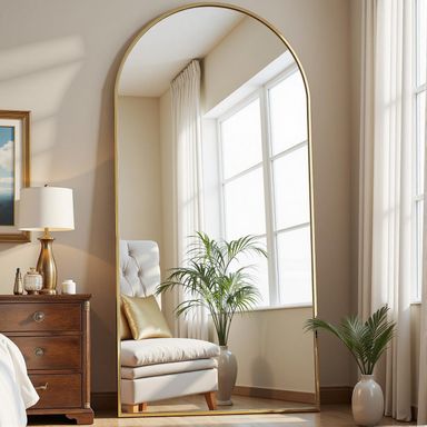 71"X26" Arched Full Length Mirror Free Standing Leaning or Wall-Mounted Mirror Aluminum Frame Modern Mirrors for Living Room Bedroom Cloakroom, Gold