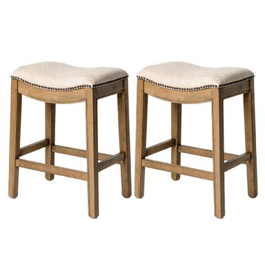 Maven Lane Adrien 26" Wood Counter Height Stool - Handcrafted Natural Wood Finish with Wheat Fabric Upholstered Saddle Seat for Comfort - Durable Barstool for Kitchen Islands, Dining Rooms, Set of 2 Set of 2 Natural Wood