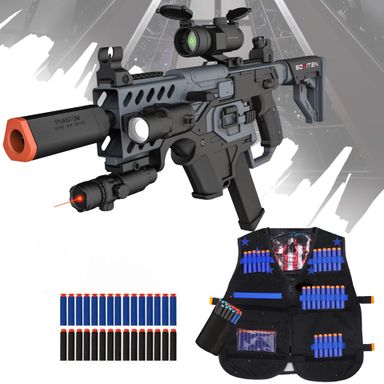 Toy Gun Automatic Sniper Rifle with Tactical Vest Kit, Scope. Toy Foam Blaster Dart Toys with 120 Darts, IR and Flashlight. The Shooting Activity Game for Kids Age 8+ A-VIKTOR-X Black