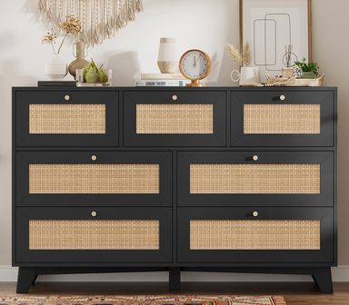 VIAGDO Black Rattan Dresser for Bedroom, 7 Drawer Dresser with Natural Rattan Drawers, Wooden Wide Storage Cabinet with Gold Handles, Modern Closet Chest of Drawers for Nursery Entryway Living Room